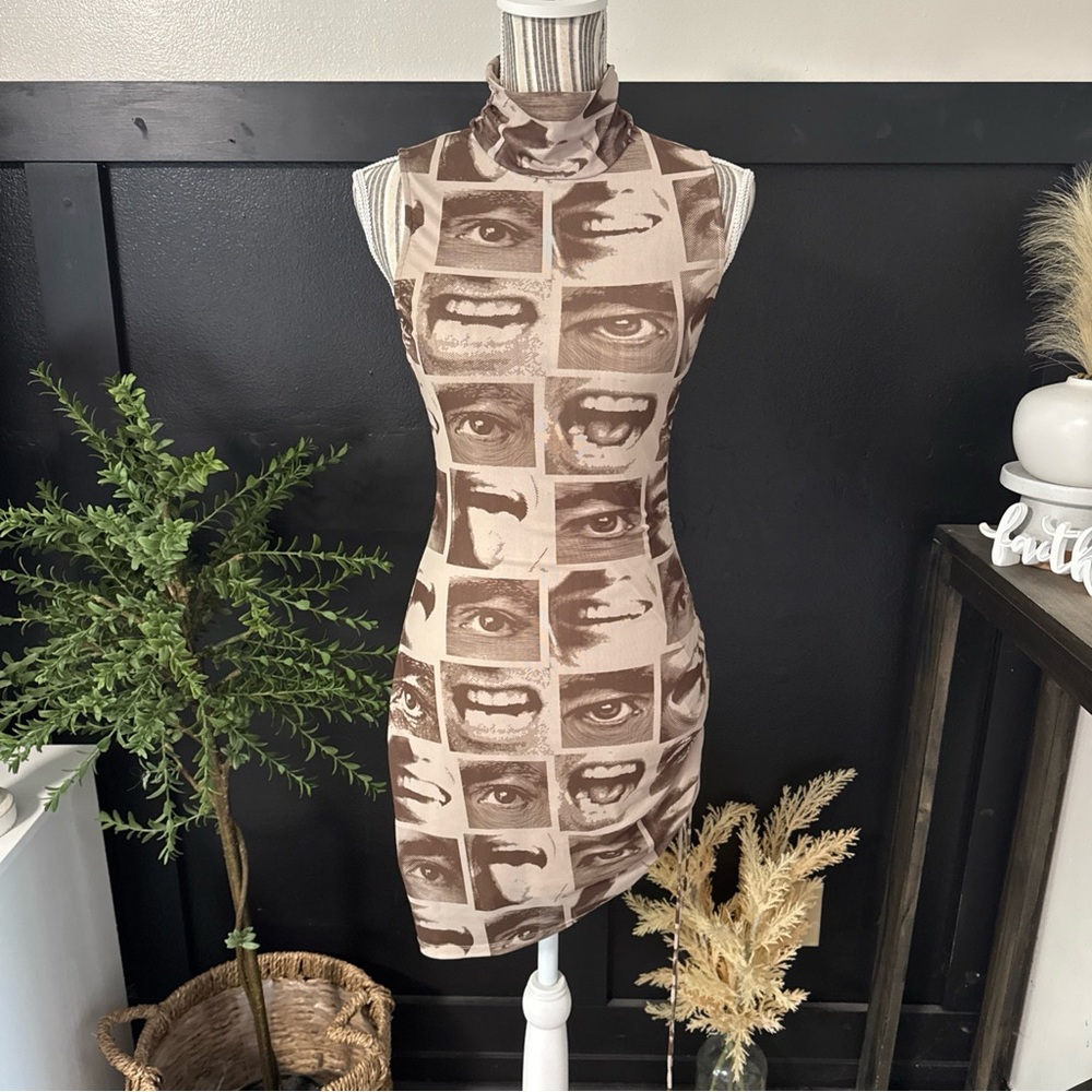Unique Face Eye Print Bodycon Midi Dress Avant Garde Y2K Statement sz Small